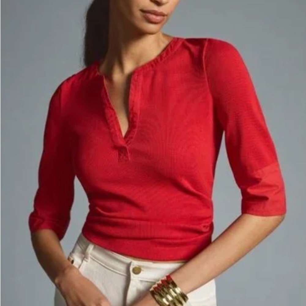 Anthropologie Maeve Red Notch-Neck Short Sleeve Top - MOVING SALE!